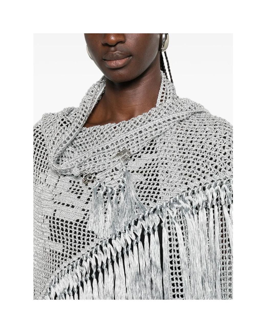 Chiara Is Gray Scialle Rosa Fringed-Trim Crochet-Knit Poncho