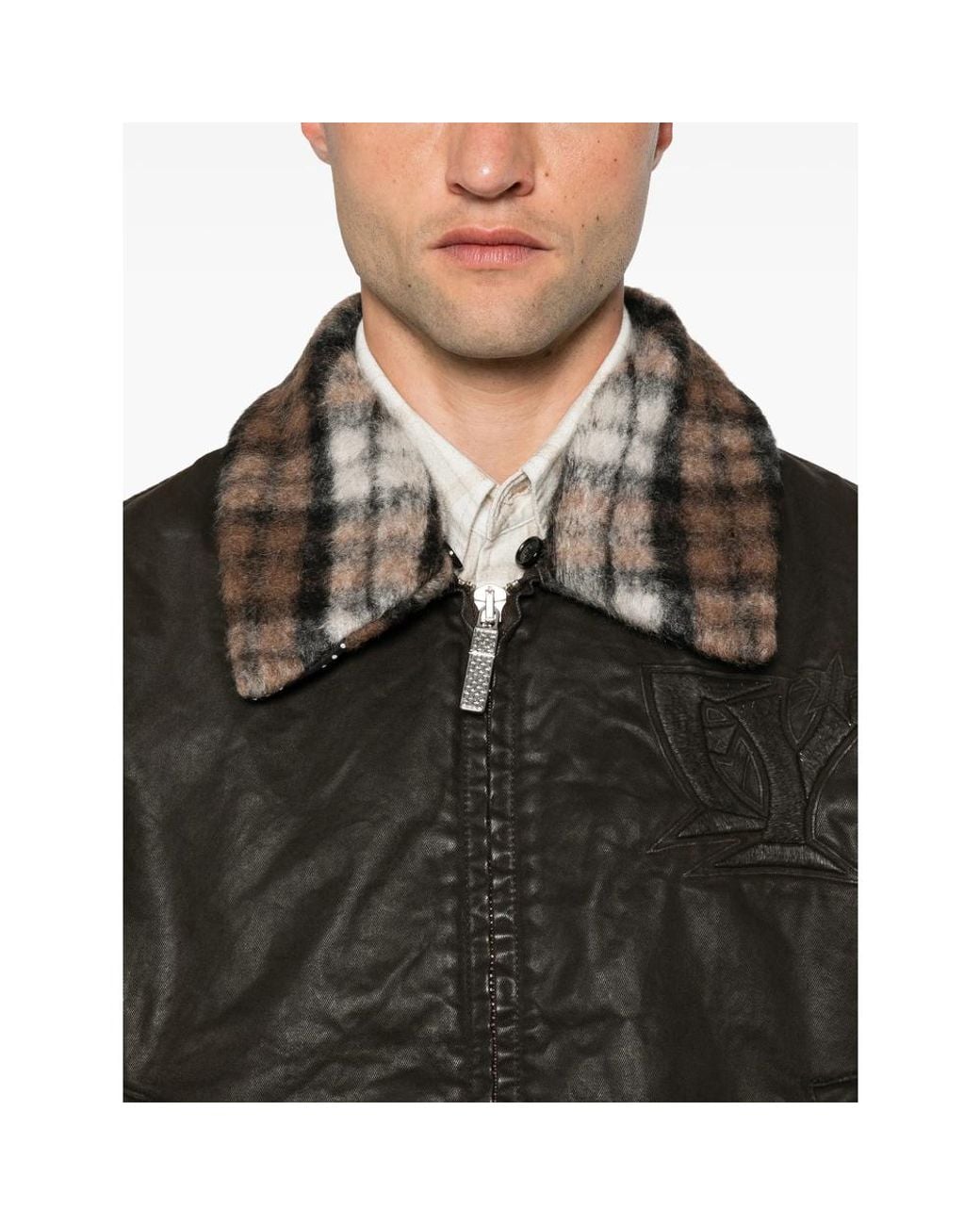 PDF Black Check-Collar Logo-Embossed Jacket for men