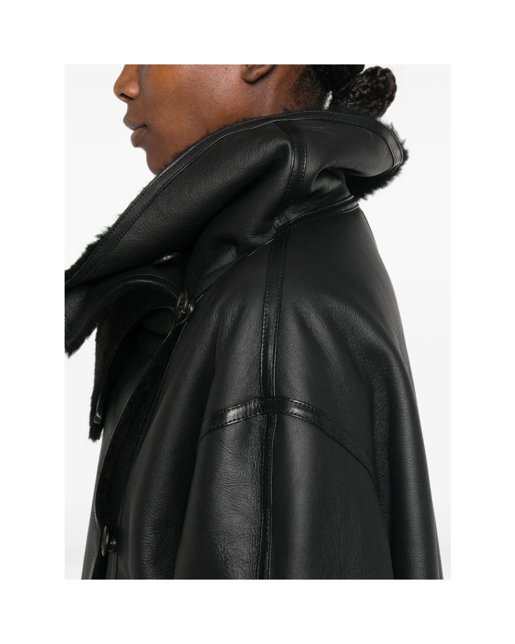 Emmeci Black Shearling-Collar Leather Coat