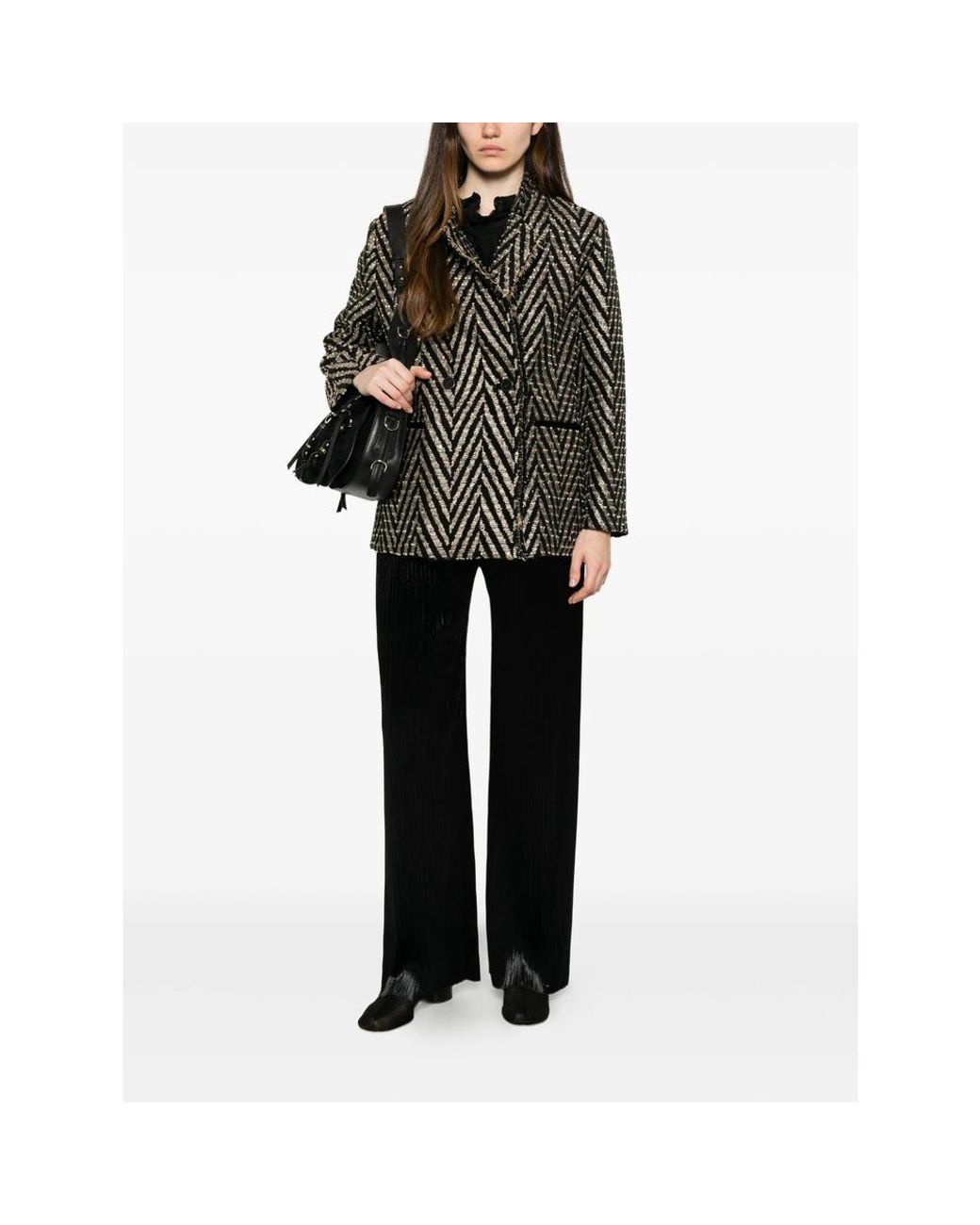 Forte_forte Gray Chevron-Knit Fringed Coat