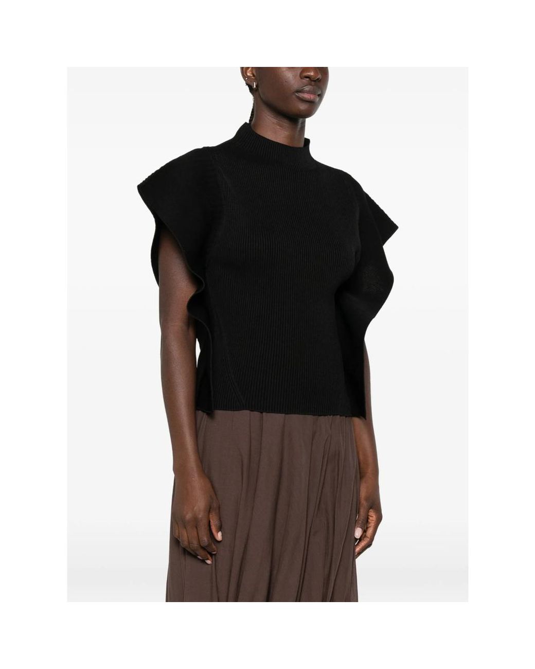 CFCL Black Portrait Ruffled-Sleeves Ribbed Top