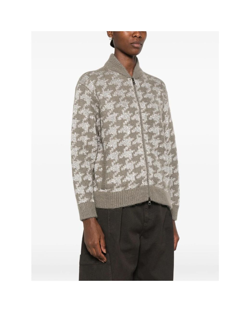 Panicale Cashmere Gray Houndstooth-Pattern Sequin-Embellished Cardigan