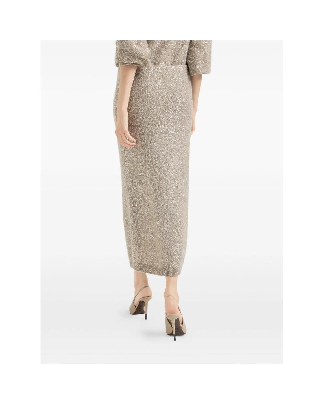 Brunello Cucinelli Gray Elastic-Waistband Midi Skirt