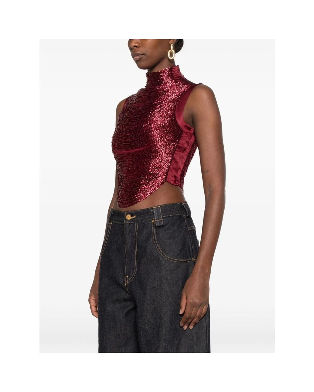 Cult Gaia Red Taraji Beaded High-Neck Top