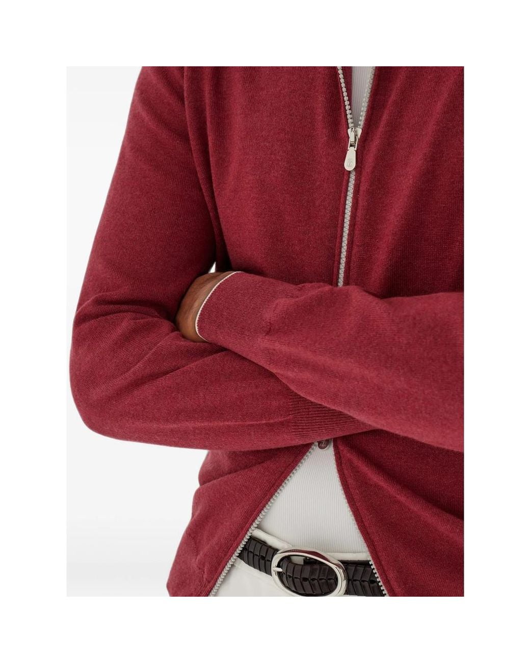 Brunello Cucinelli Red Cashmere Turtleneck Cardigan With Zipper for men