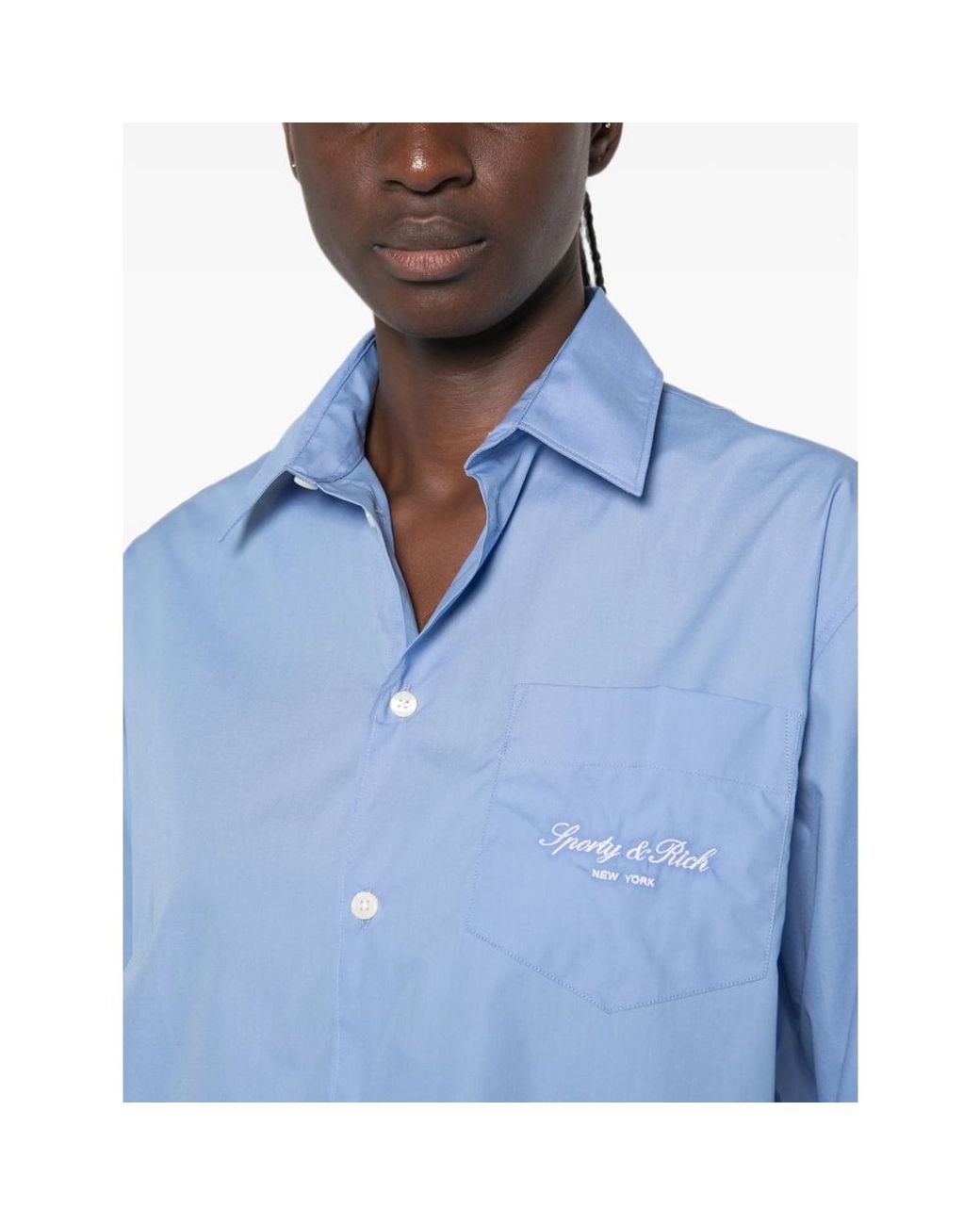 Sporty & Rich Blue Logo-Embroidered Chest-Pocket Shirt