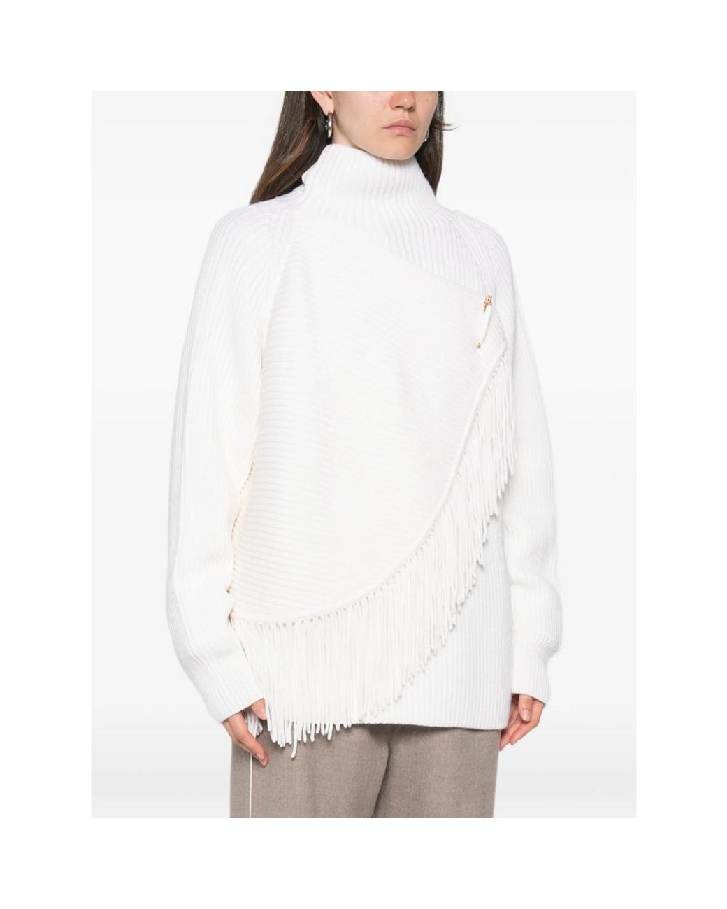 Carven White Fringed High-Neck Knit