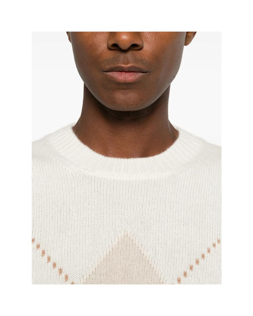 La Fileria White Argyle-Pattern Crew Neck Sweater for men