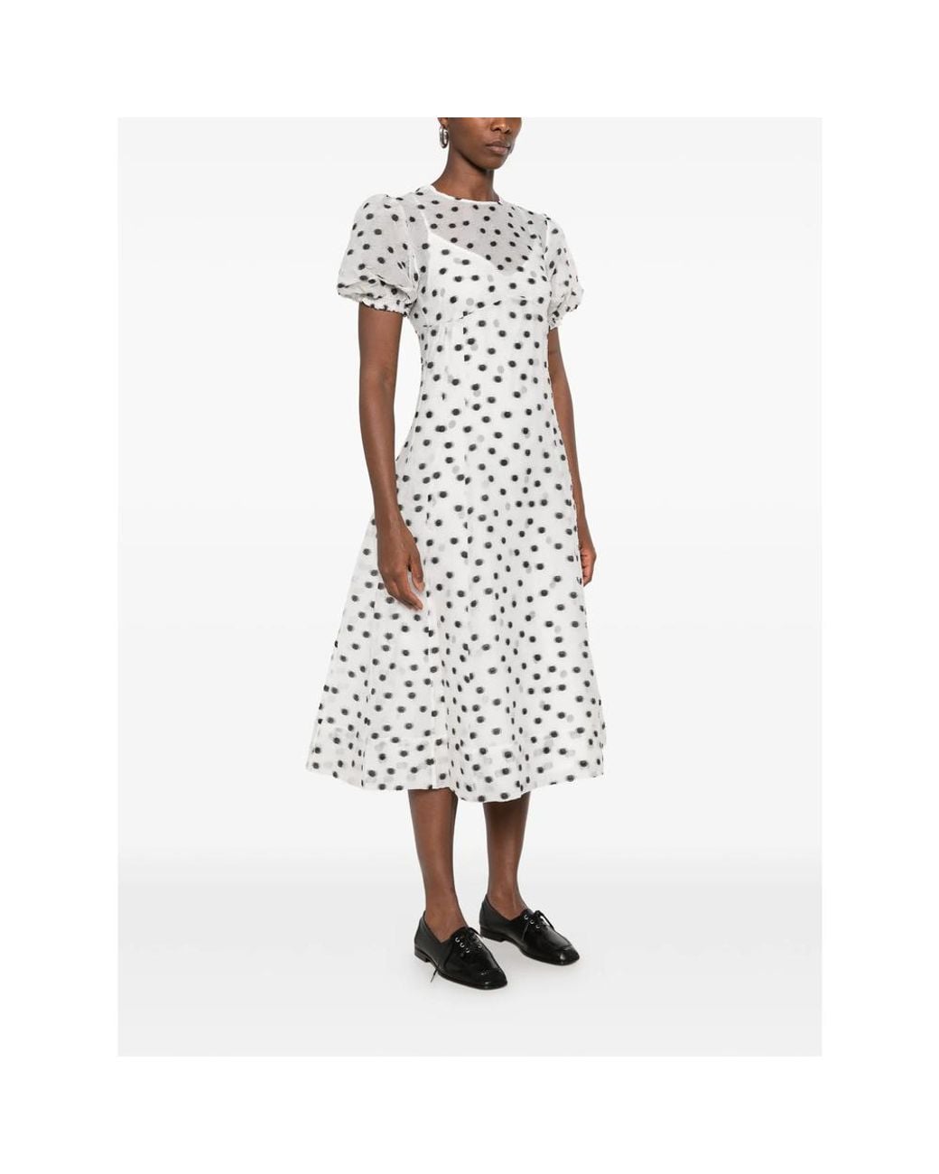 Stine Goya White Polka-Dot Puff-Sleeve Midi Dress