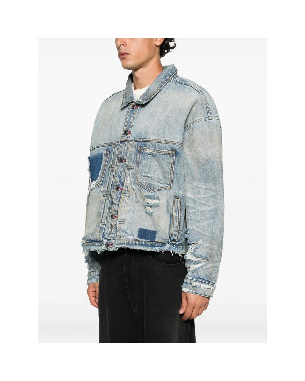DIET STARTS MONDAY Blue Distressed Patchwork Denim Jacket for men