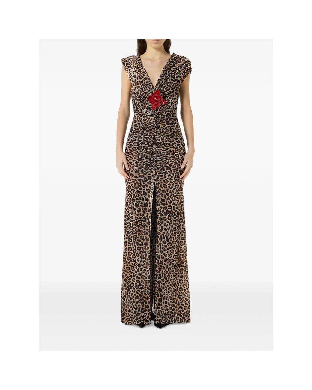 Blumarine Brown Leopard-Print Brooch-Detail Maxi Dress