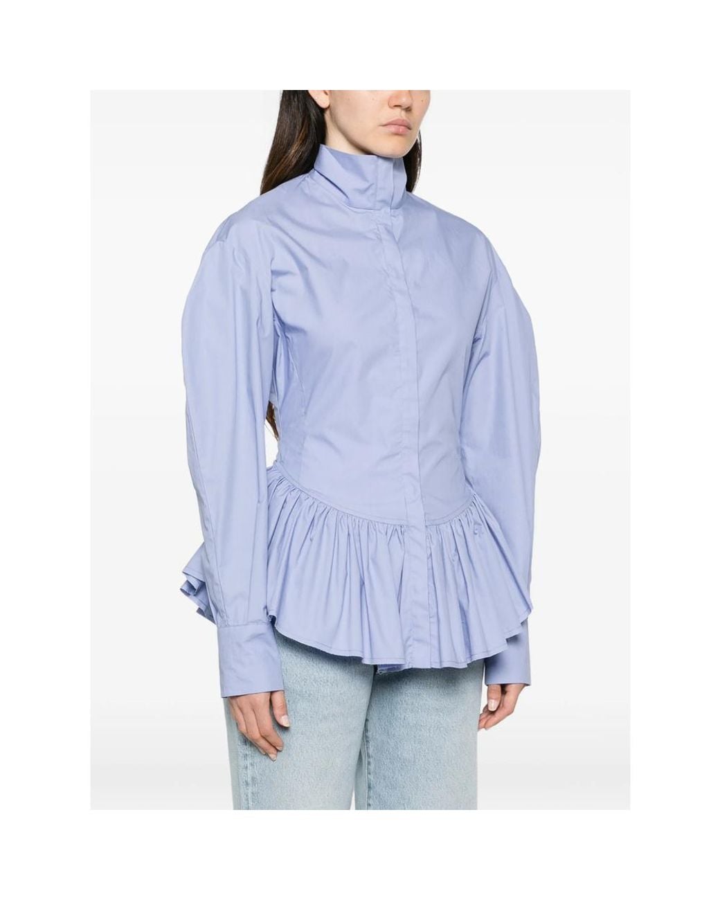 Thelatest Blue Elaine Peplum-Hem Puff-Sleeve Shirt