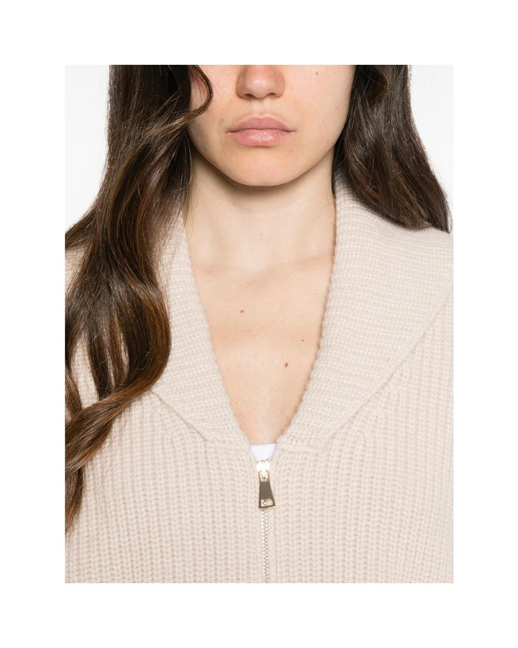 ELY ELY Natural Ribbed-Knit Zip-Up Cardigan