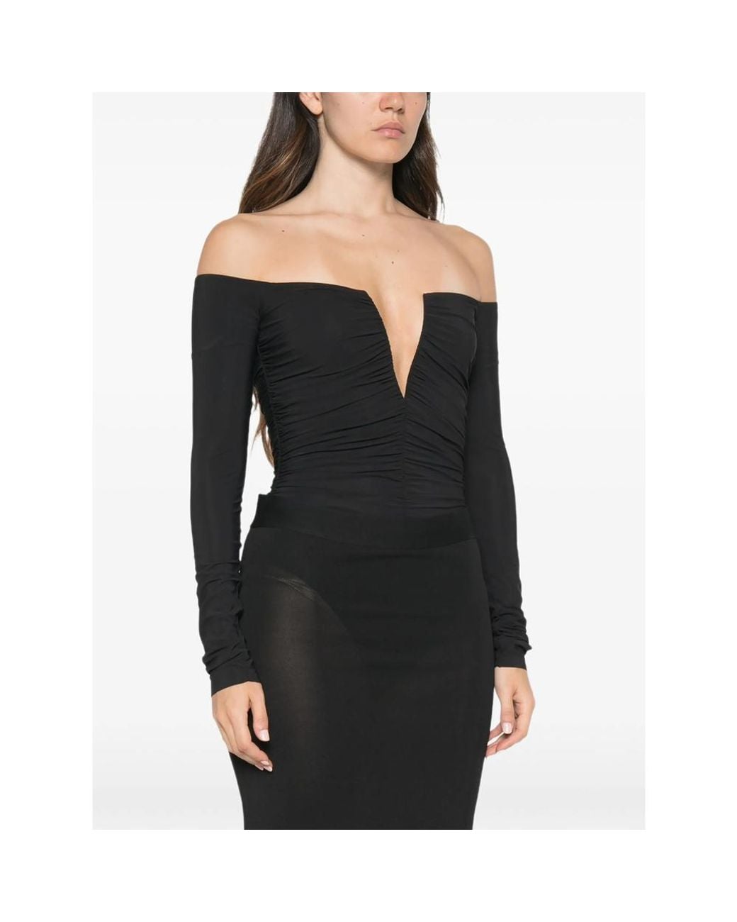 Amazuìn Black Alika Off-Shoulder Ruched Bodysuit