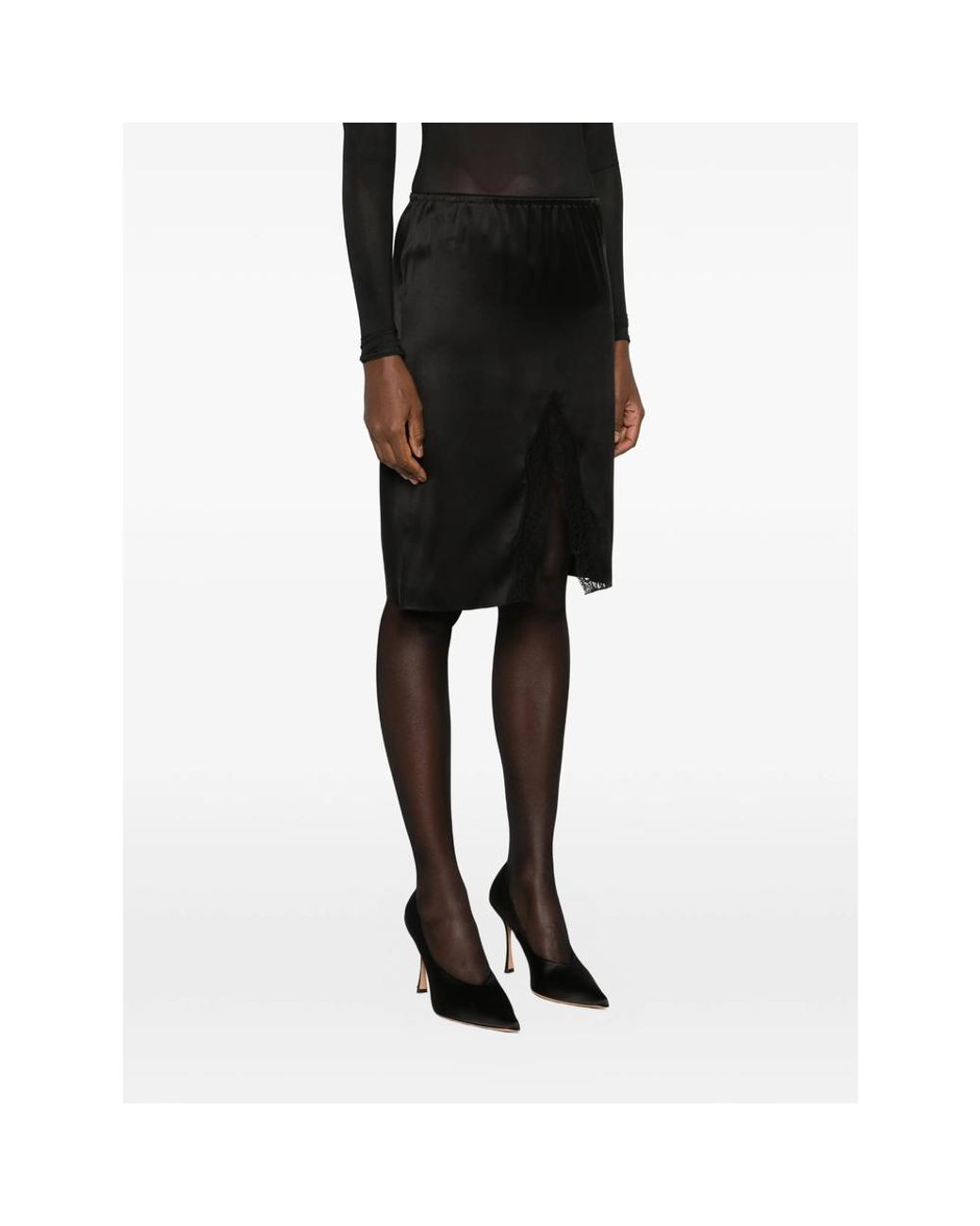 Saint Laurent Black Lace-Trim Satin Midi Skirt