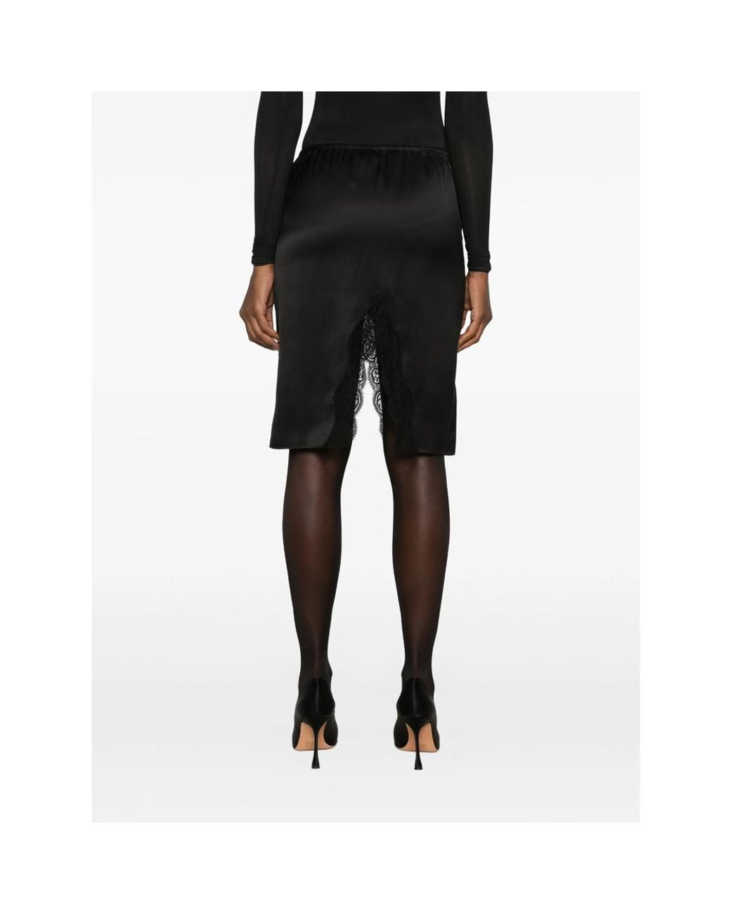 Saint Laurent Black Lace-Trim Satin Midi Skirt