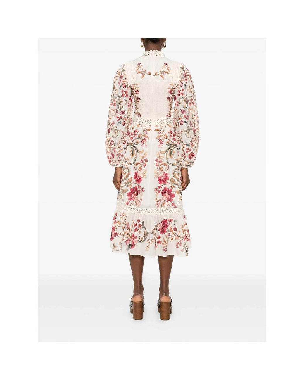 Farm Rio Pink Royal Garden Long Sleeve Crochet Midi Dress