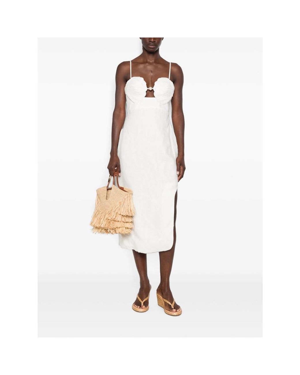 Farm Rio White Off- Shell Bodice Pearl Midi Dress