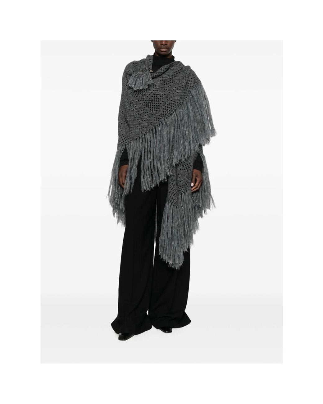 Chiara Is Gray Scialle Coperta Peonia Fringe-Trimmed Crochet Poncho