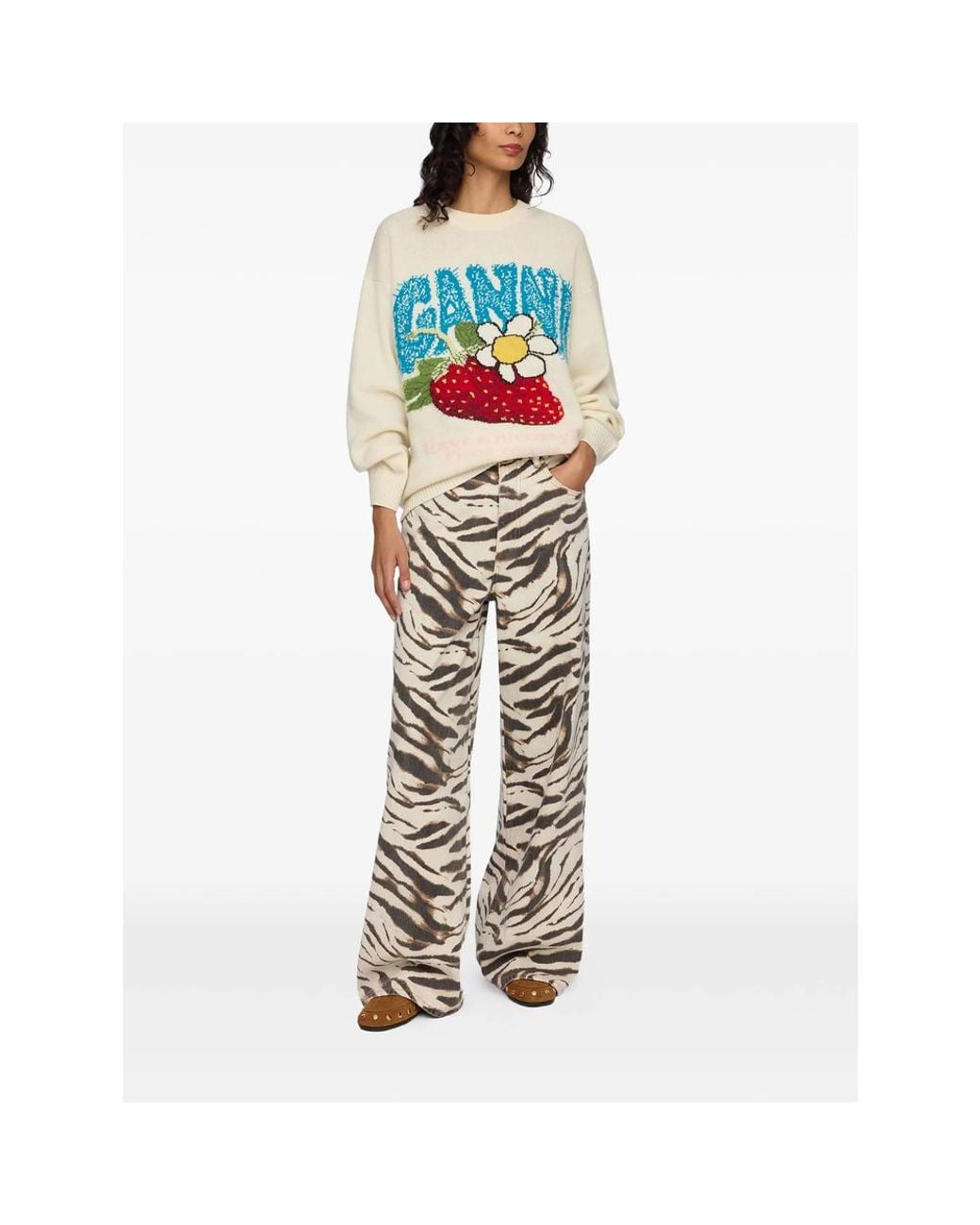 Ganni White Oversized Jumper With Strawberry