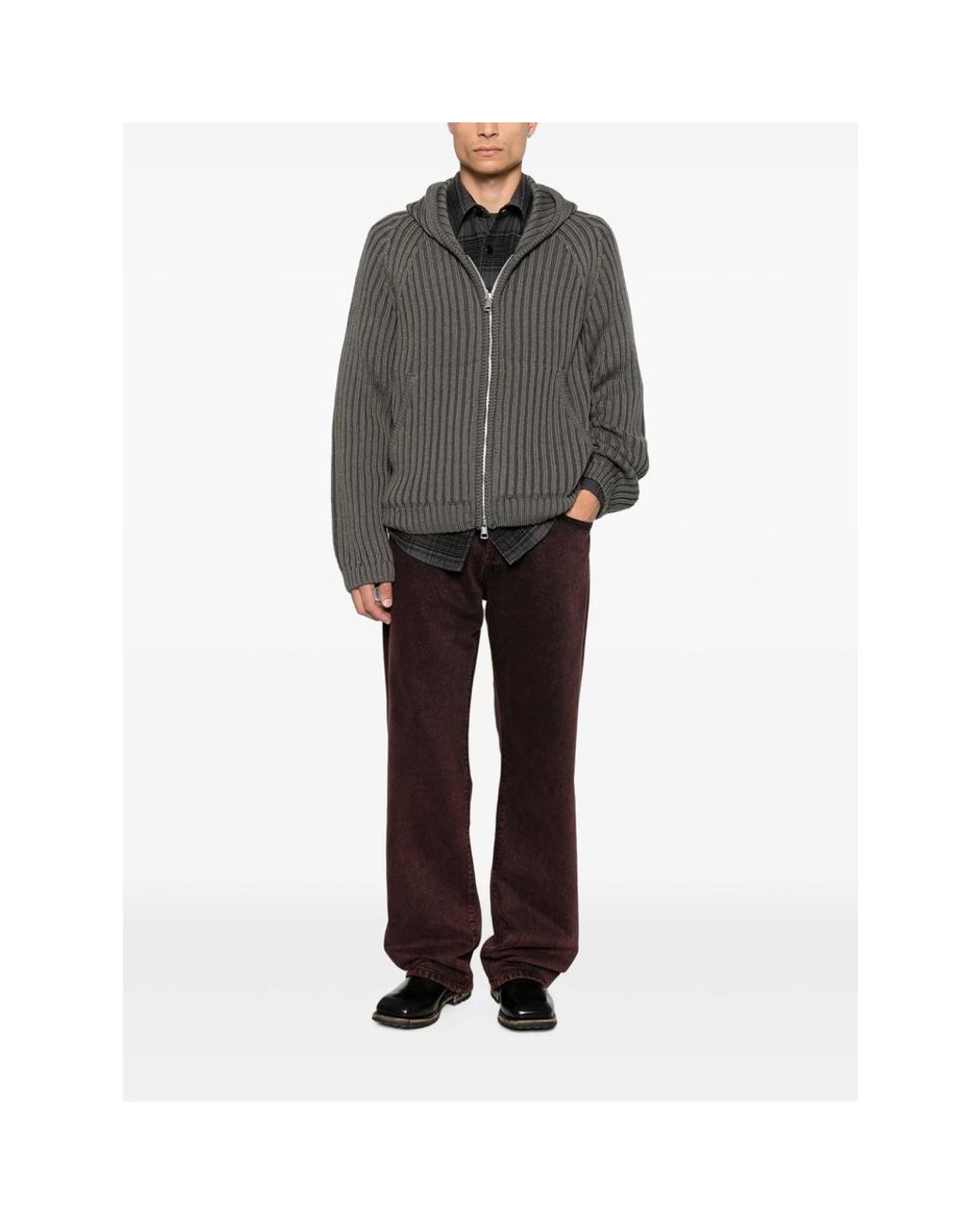 Our Legacy Gray Hooded Ribbed Knit Wool Sweatshirt Merino Sweater for men