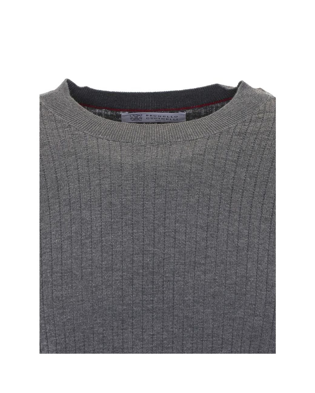 Brunello Cucinelli Gray Cotton Textured Rib Lightweight Sweater for men