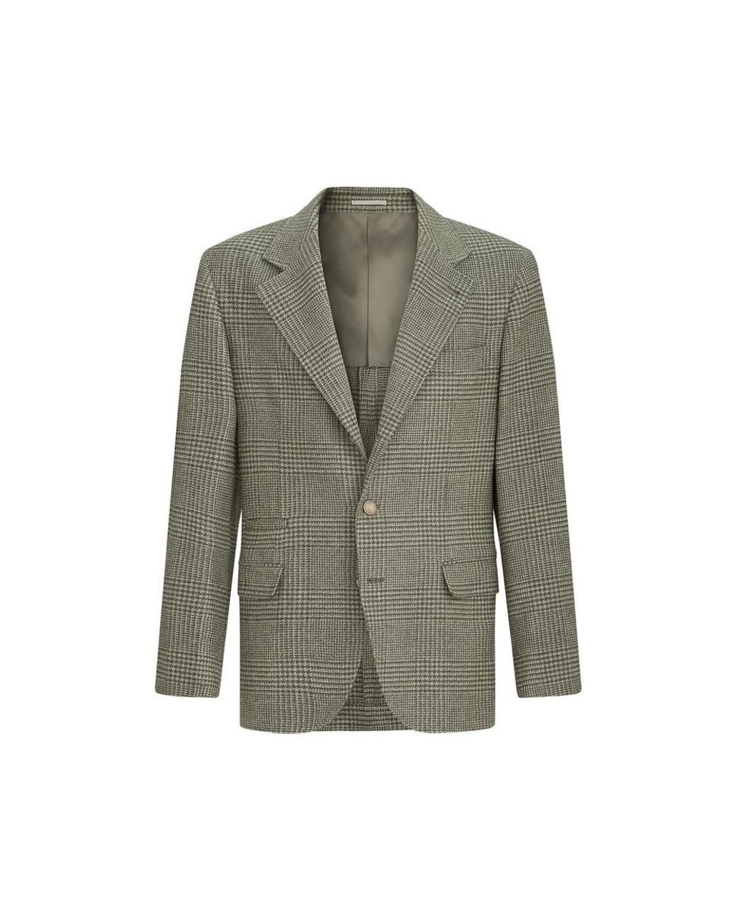 Brunello Cucinelli Green Comfort Wool And Cashmere Prince Of Wales Flannel Deconstructed Blazer for men