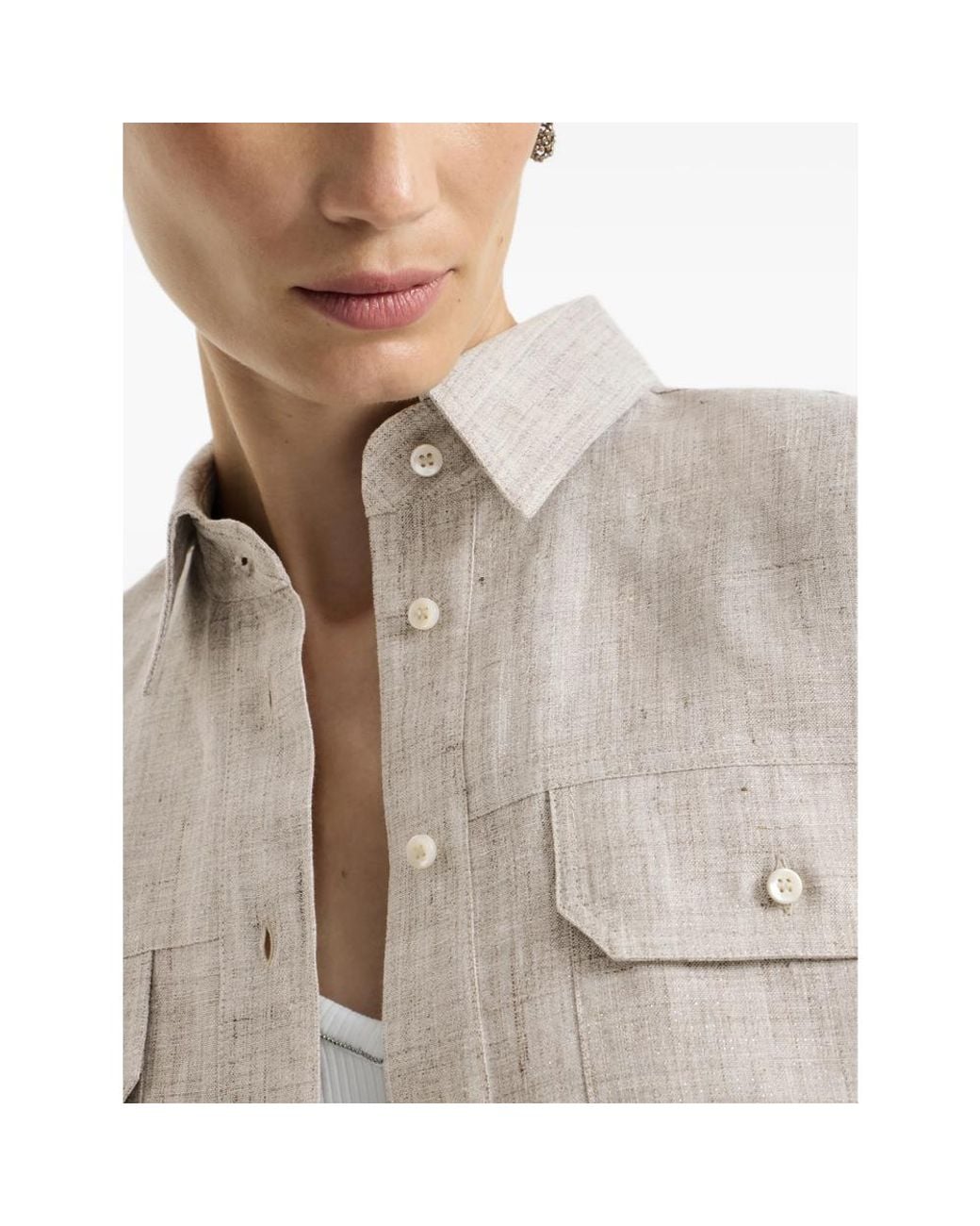 Brunello Cucinelli Natural Monili-Embellished Chest-Pocket Shirt