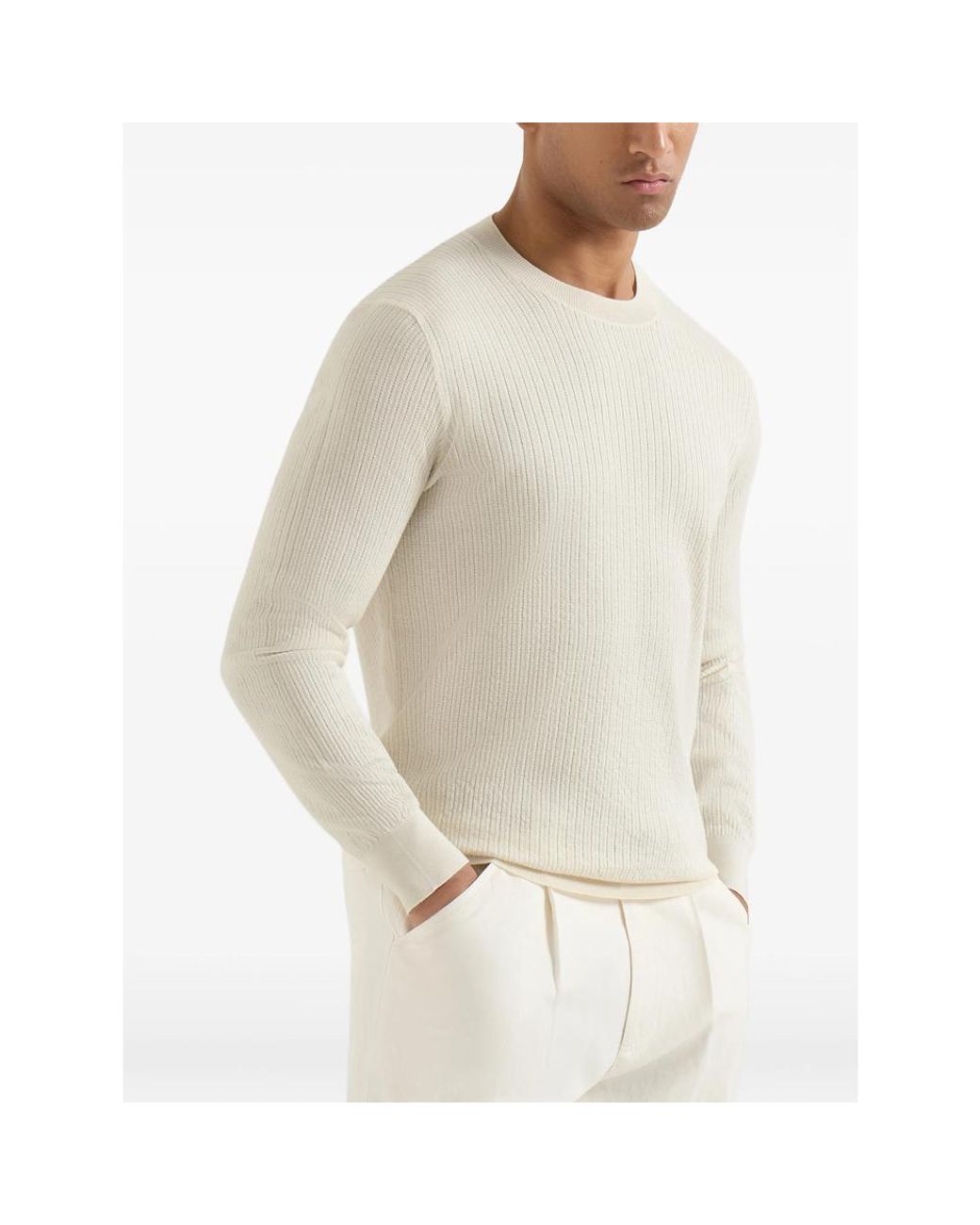 Brunello Cucinelli White Cotton Textured Rib Lightweight Sweater for men