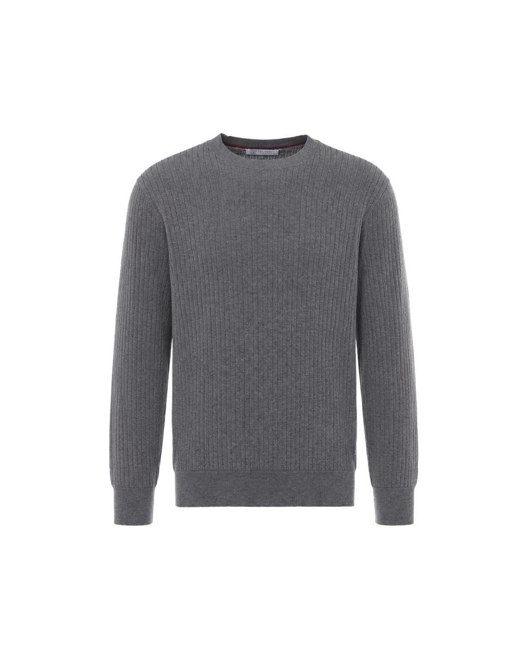 Brunello Cucinelli Gray Cotton Textured Rib Lightweight Sweater for men