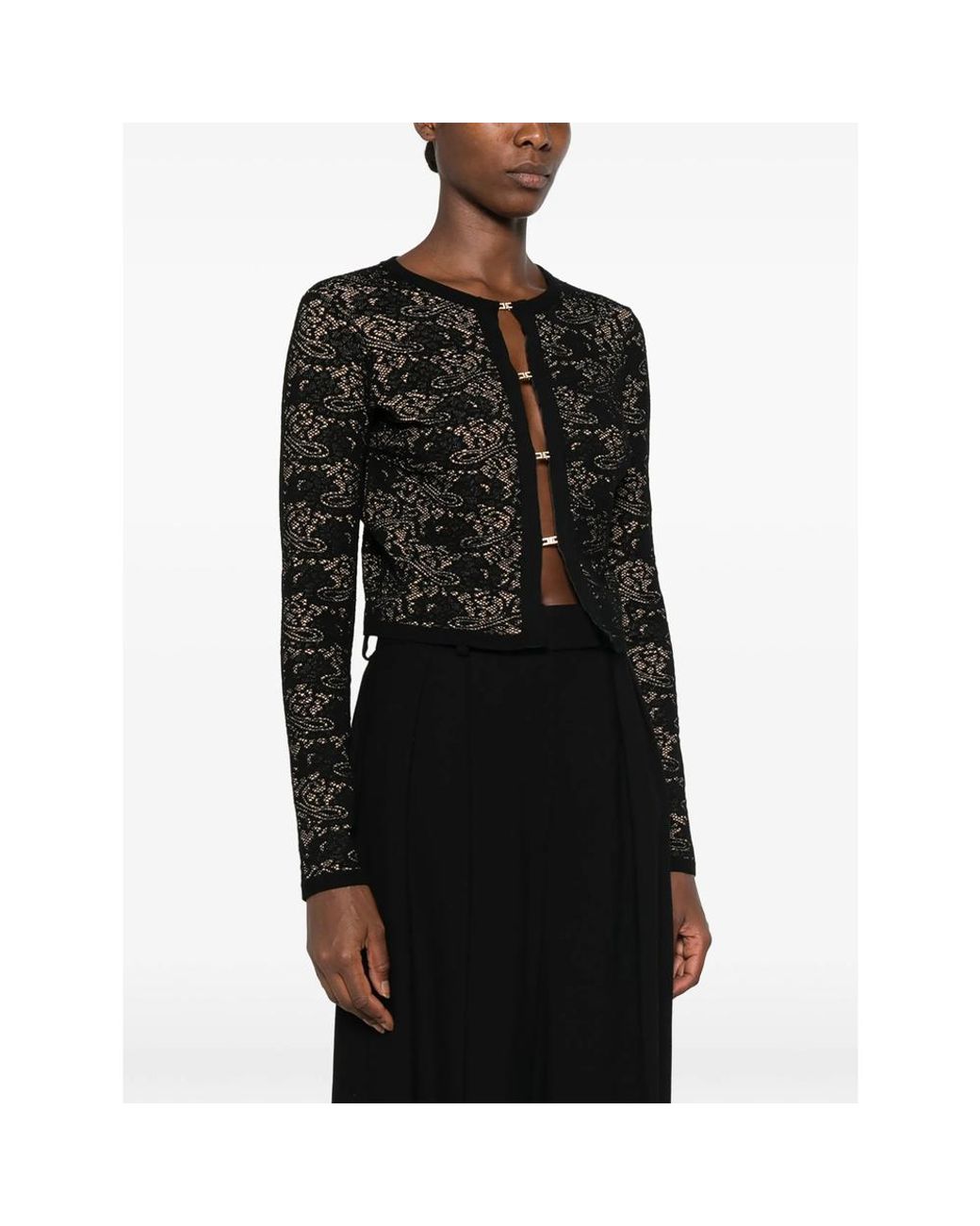 Elisabetta Franchi Black Lace-Pattern Logo-Plaque Sweater