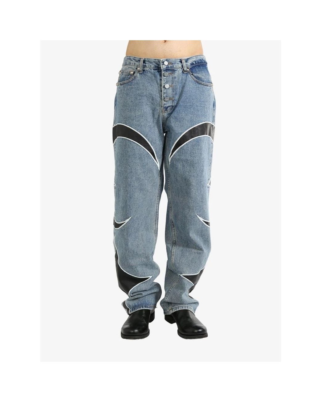 THUG CLUB Blue Leather Panelled Jeans for men