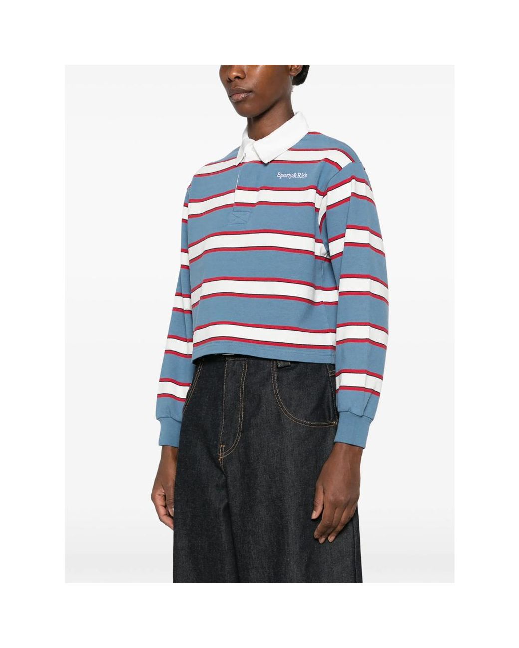 Sporty & Rich Blue Blondie Striped Long-Sleeve Polo Shirt