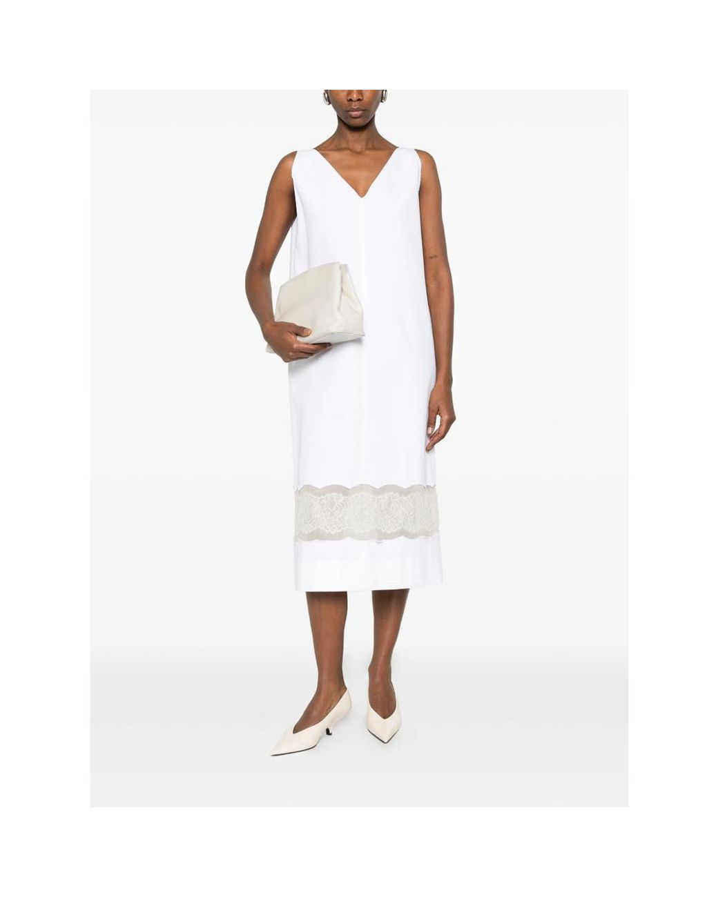 Carven White V-Neck Lace Midi Dress