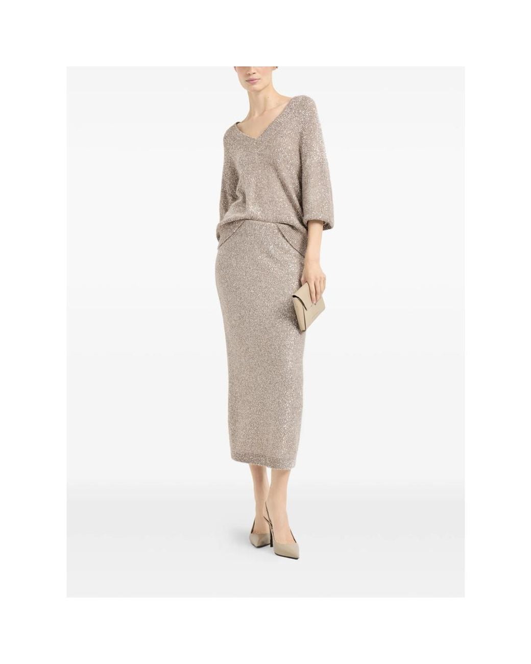 Brunello Cucinelli Gray Elastic-Waistband Midi Skirt