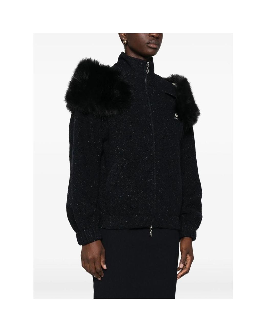 ShuShu/Tong Black Faux-Fur Trim Flecked Coat