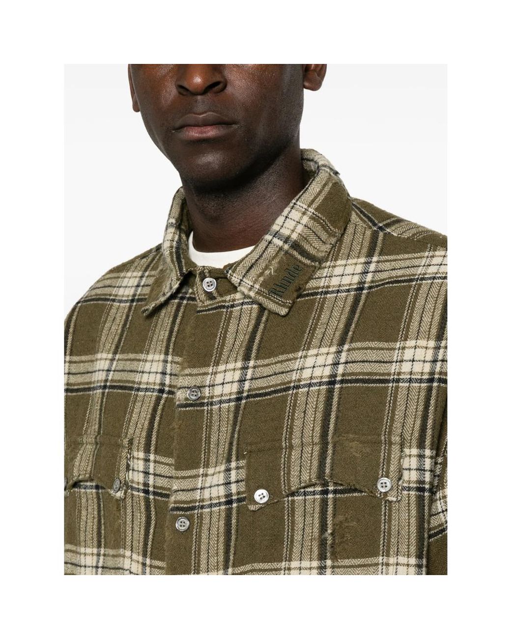 R H U D E © Green Check-Pattern Distressed-Effect Shirt for men