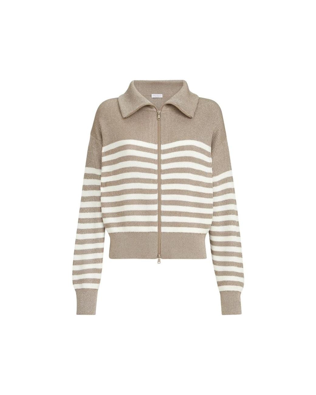 Brunello Cucinelli Natural Sparkling Cotton Striped English Rib Cardigan With Zipper And Monili