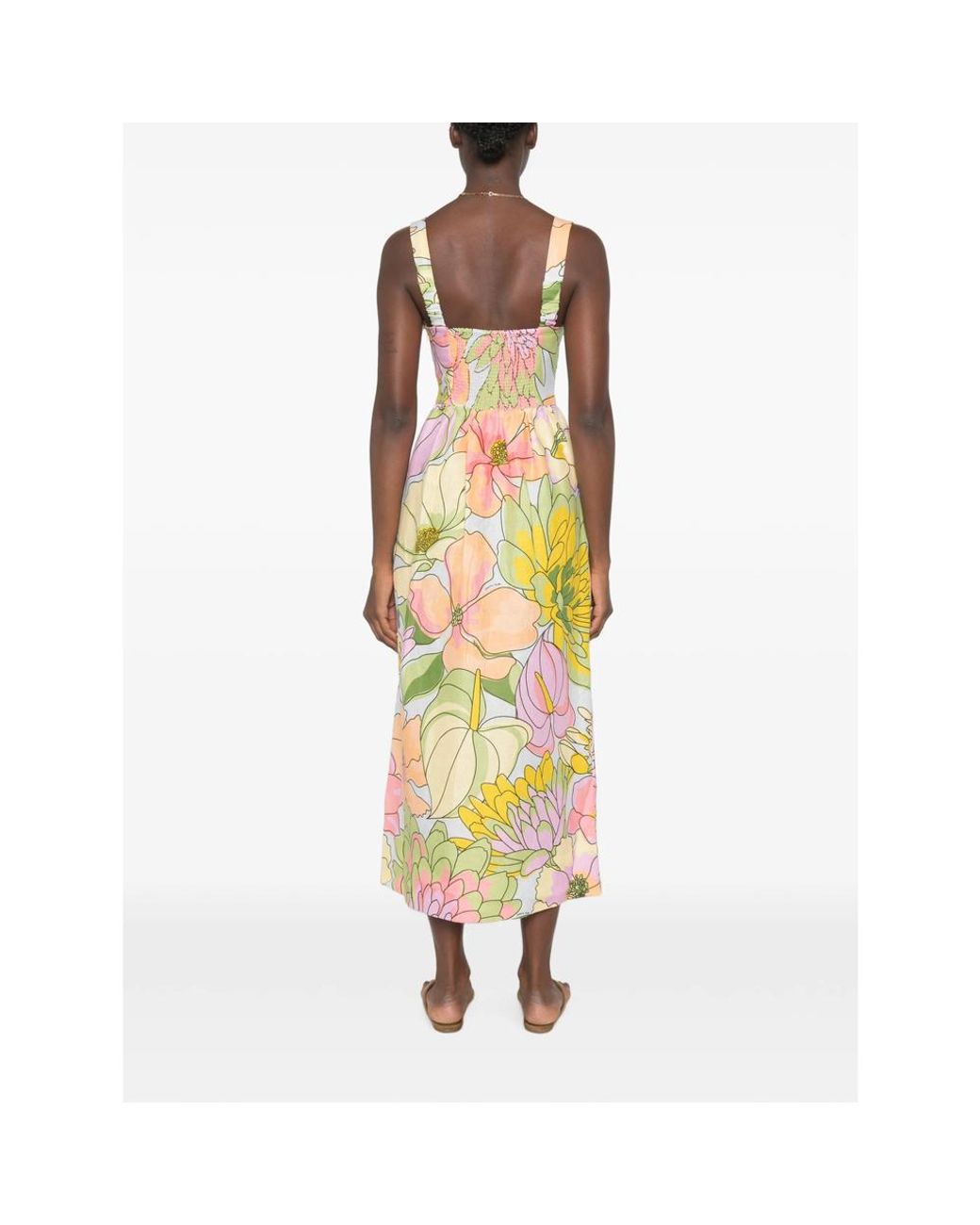 Farm Rio Yellow Spring Affair Floral-Print Sweetheart-Neck Midi Dress