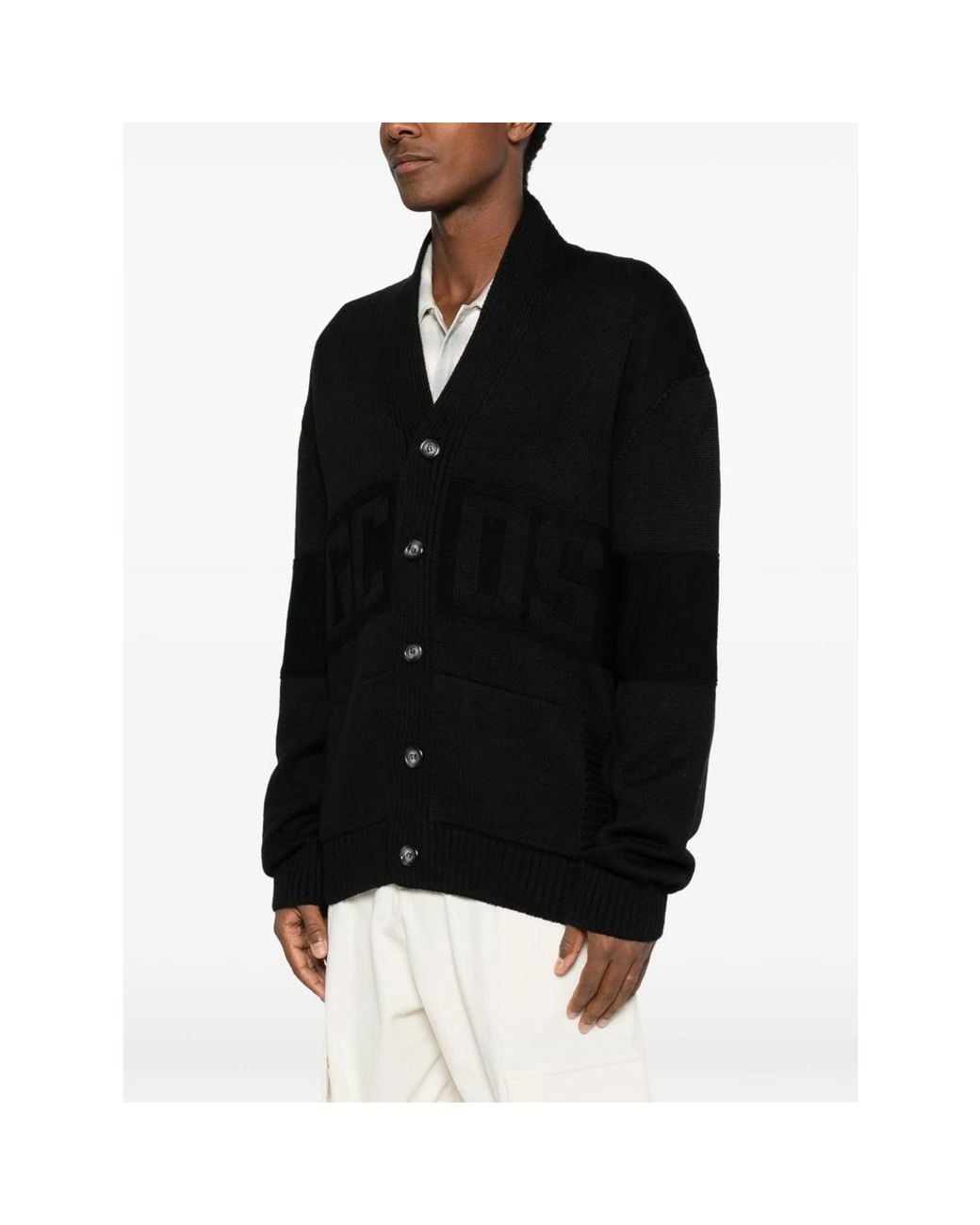 Gcds Black Logo-Intarsia Knit Cardigan for men