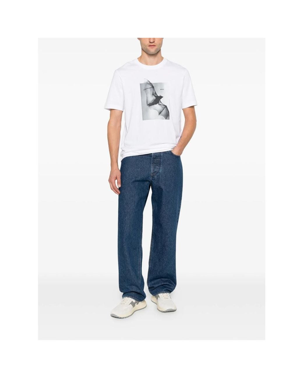Boss White Bat-Print T-Shirt for men