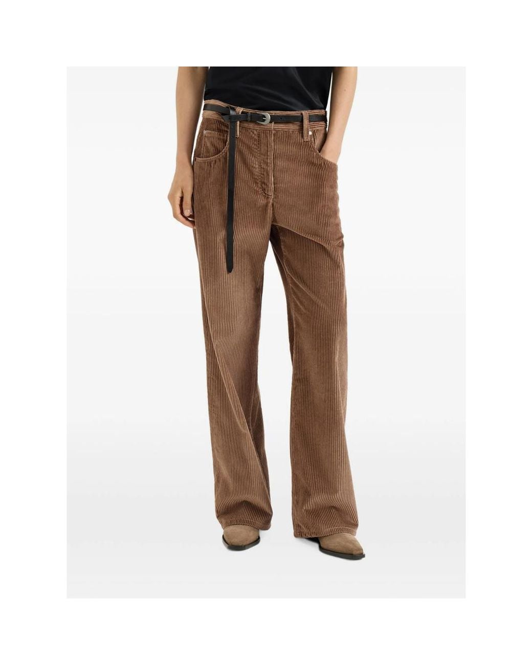 Brunello Cucinelli Brown Cotton Corduroy Straight Five-Pocket Trousers With Monili