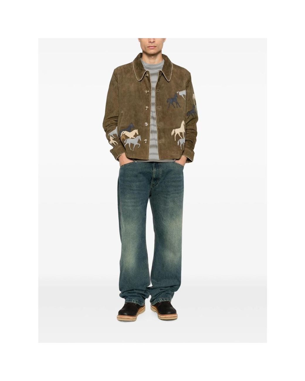 BAZISZT Green Valero Horse-Patchwork Leather Jacket for men