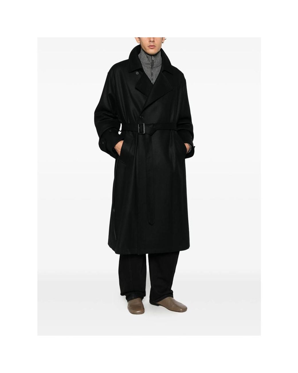 Ssstein Black Belted Double-Breasted Coat for men