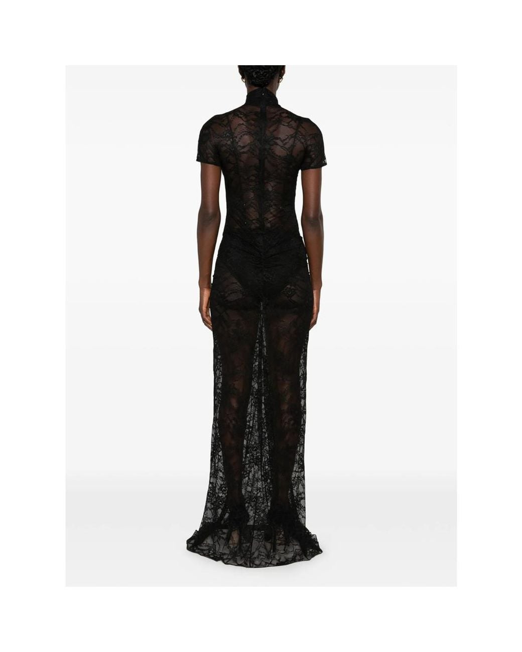 ANDAMANE Black Palma Lace-Overlay Ruched-Detail Maxi Dress