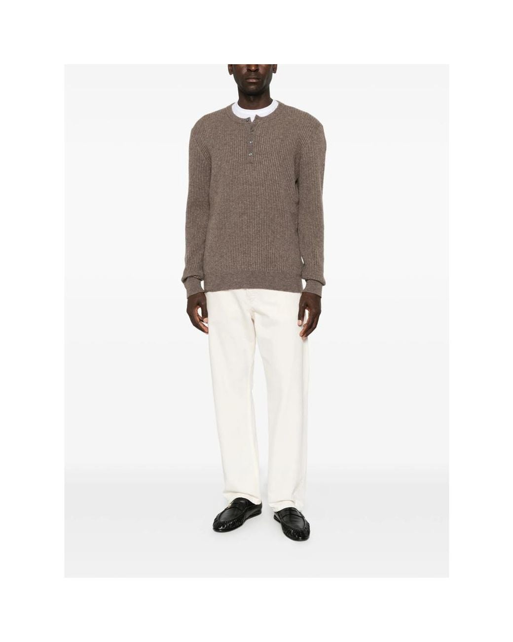 Roberto Collina Brown Ribbed-Knit Henley Sweater for men