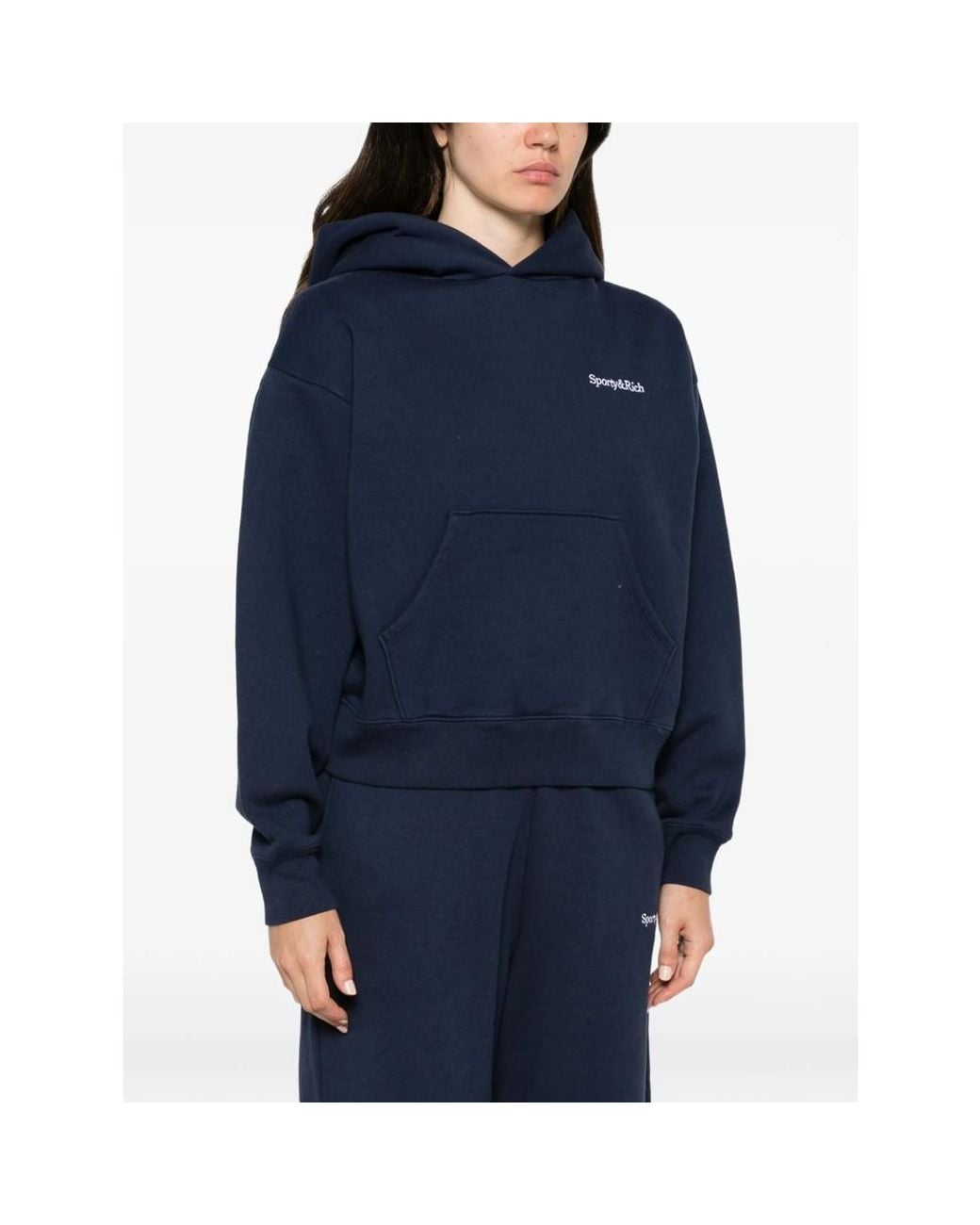 Sporty & Rich Blue Logo-Embroidered Pouch-Pocket Hoodie