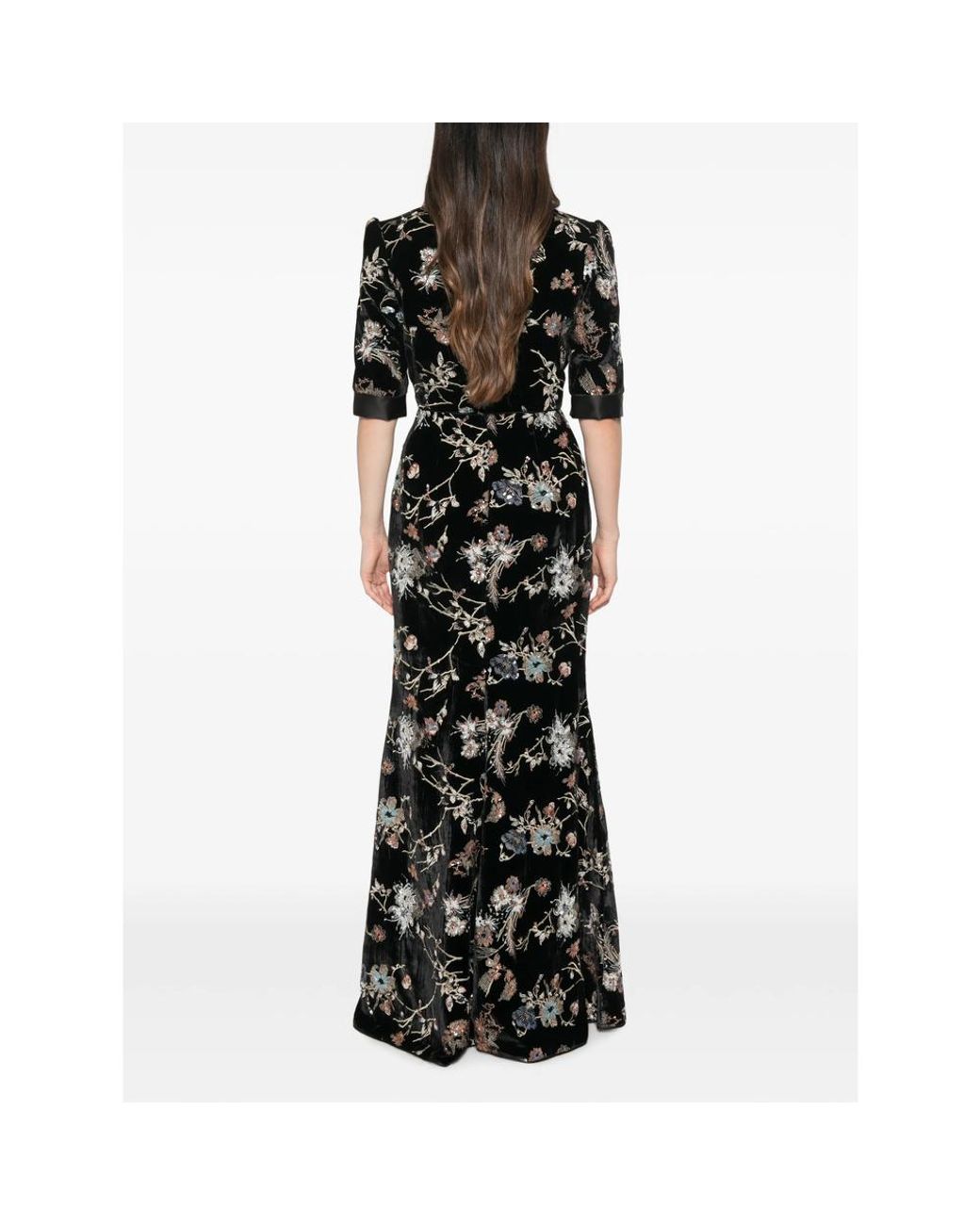 De Santis by Martin Alvarez Black Floral-Embroidered Velvet Maxi Dress