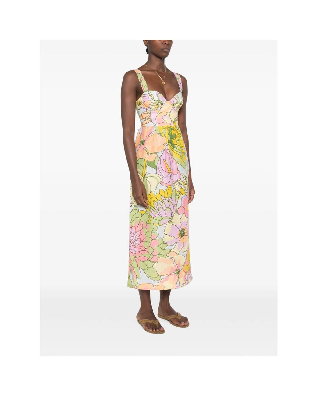 Farm Rio Yellow Spring Affair Floral-Print Sweetheart-Neck Midi Dress