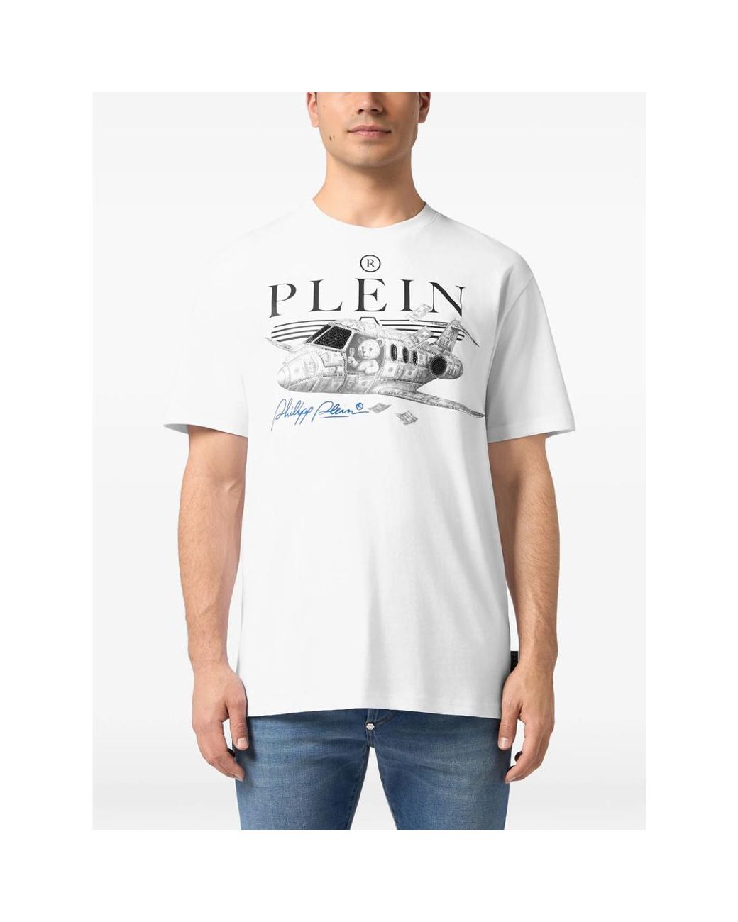 Philipp Plein White Teddy Round Neck T-Shirt Plane Stones for men